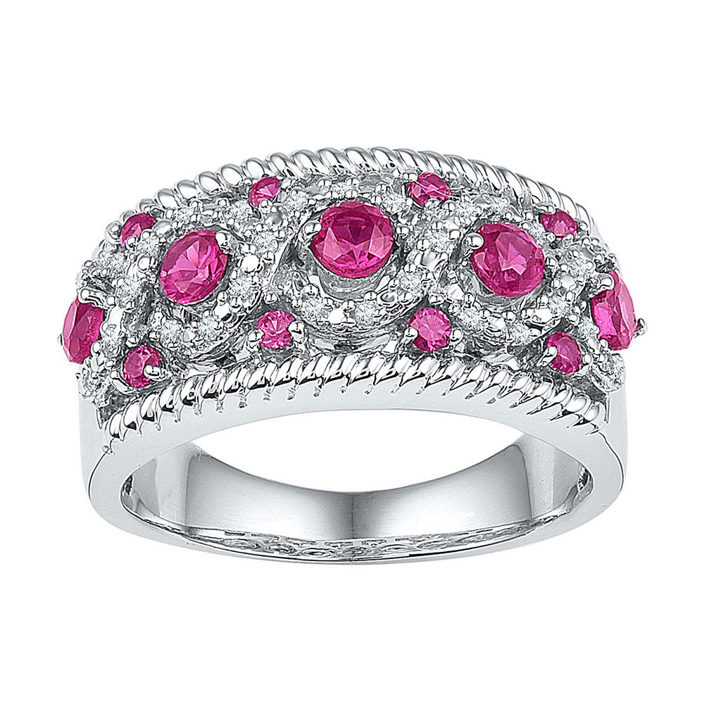 Sterling Silver Womens Round Lab-Created Pink Sapphire Band Ring 1 Cttw