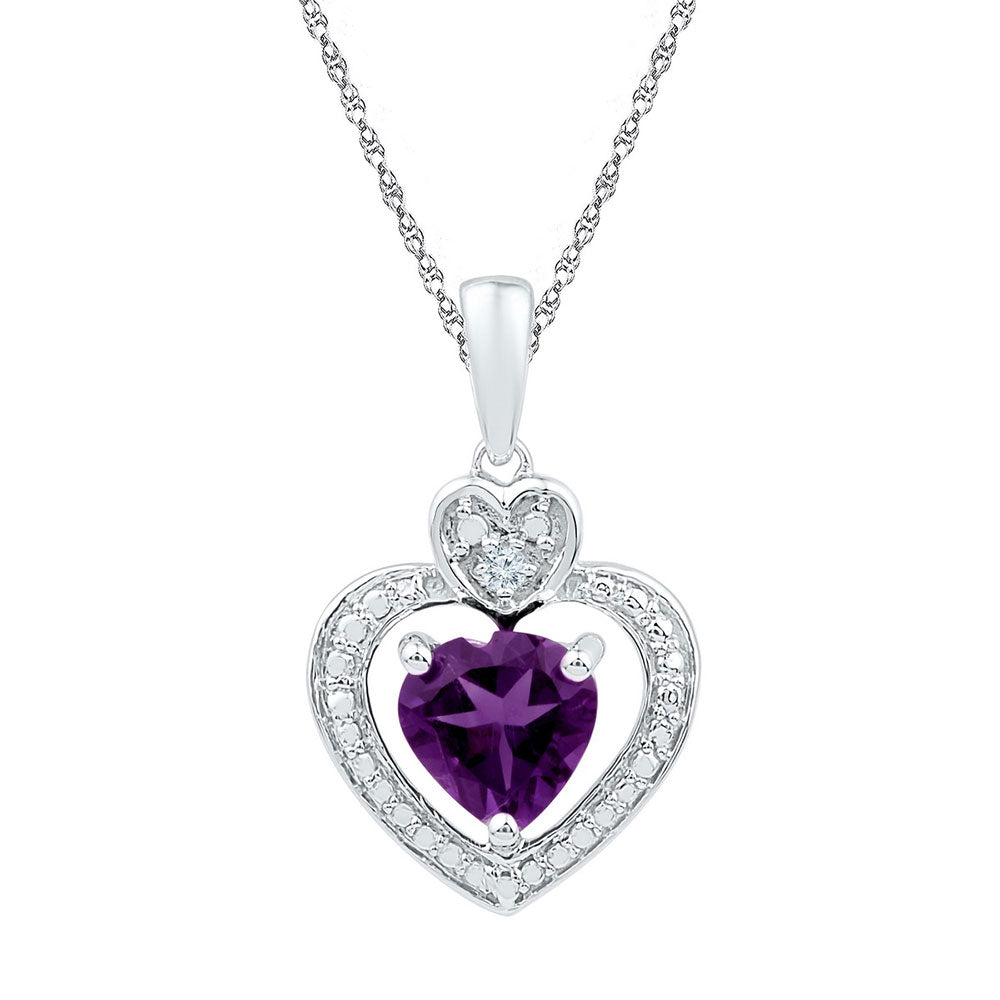 10kt White Gold Womens Heart Lab-Created Amethyst Heart & Diamond Pendant 3/4 Cttw