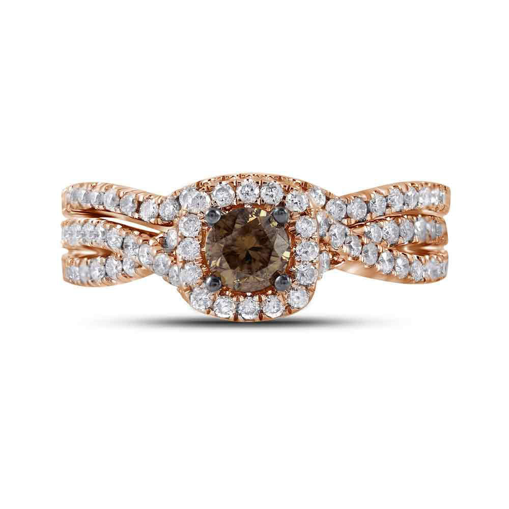 14kt Rose Gold Womens Round Brown Diamond Bridal Wedding Ring Band Set 1Cttw