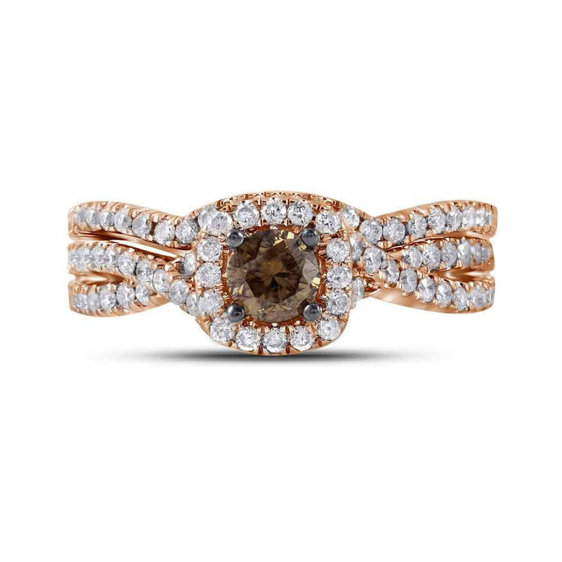 14kt Rose Gold Womens Round Brown Diamond Bridal Wedding Ring Band Set 1Cttw