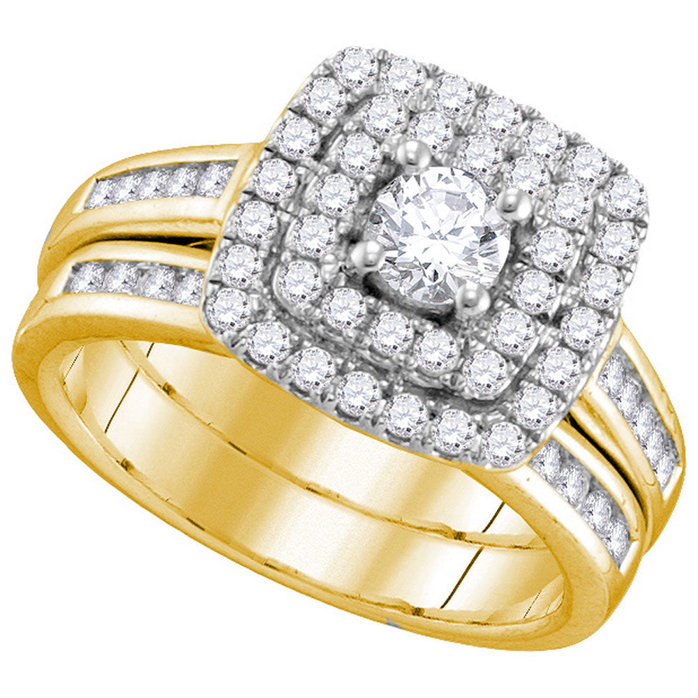 14kt Yellow Gold Round Diamond Double Halo Bridal Wedding Ring Band Set 1 Cttw
