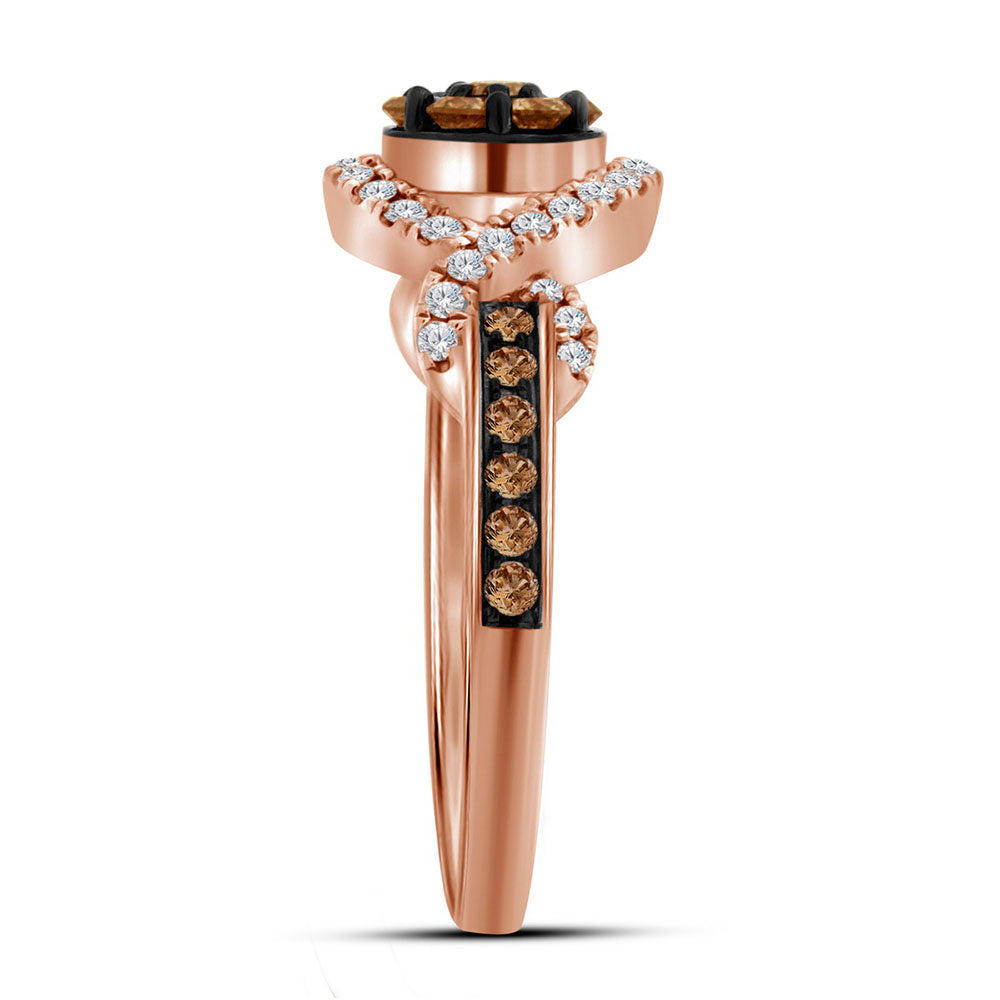 10kt Rose Gold Womens Round Brown Diamond Flower Cluster Ring 1/2 Cttw