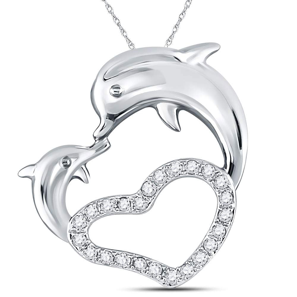 14kt White Gold Womens Round Diamond Double Dolphin Heart Pendant 1/6 Cttw