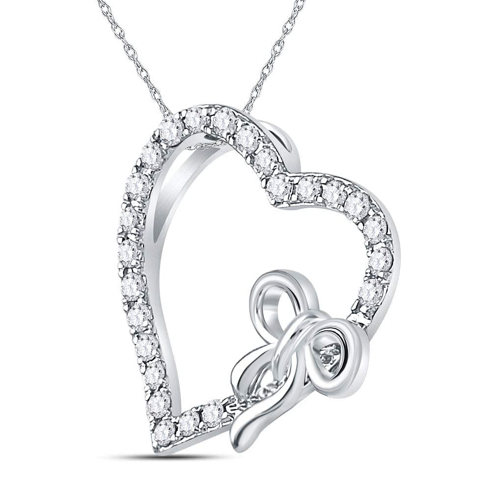 14kt White Gold Womens Round Diamond Heart Bow Pendant 1/4 Cttw