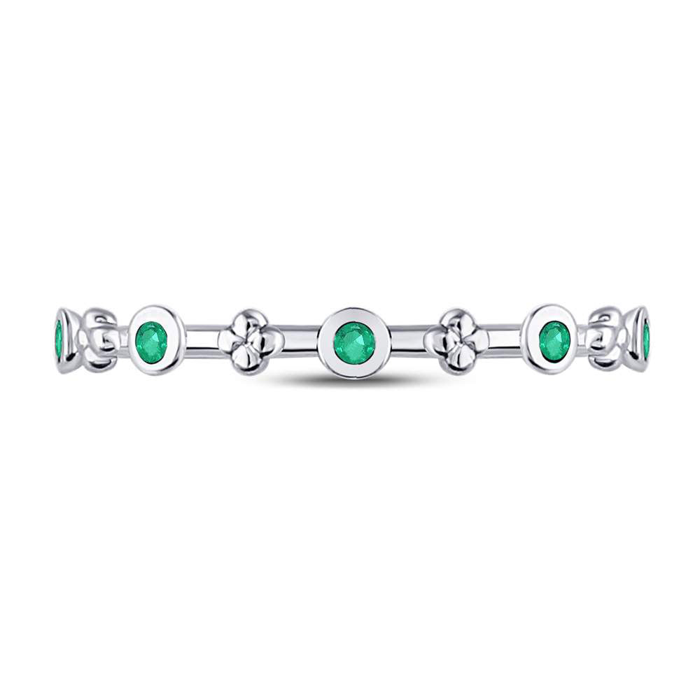 10kt White Gold Womens Round Emerald Dot Flower Stackable Band Ring 1/12 Cttw