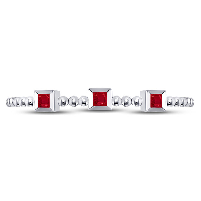 10kt White Gold Womens Princess Ruby 3-Stone Beaded Stackable Band Ring 1/20 Cttw