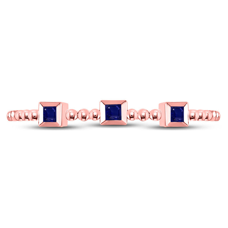 10kt Rose Gold Womens Princess Blue Sapphire 3-Stone Beaded Stackable Band Ring 1/20 Cttw