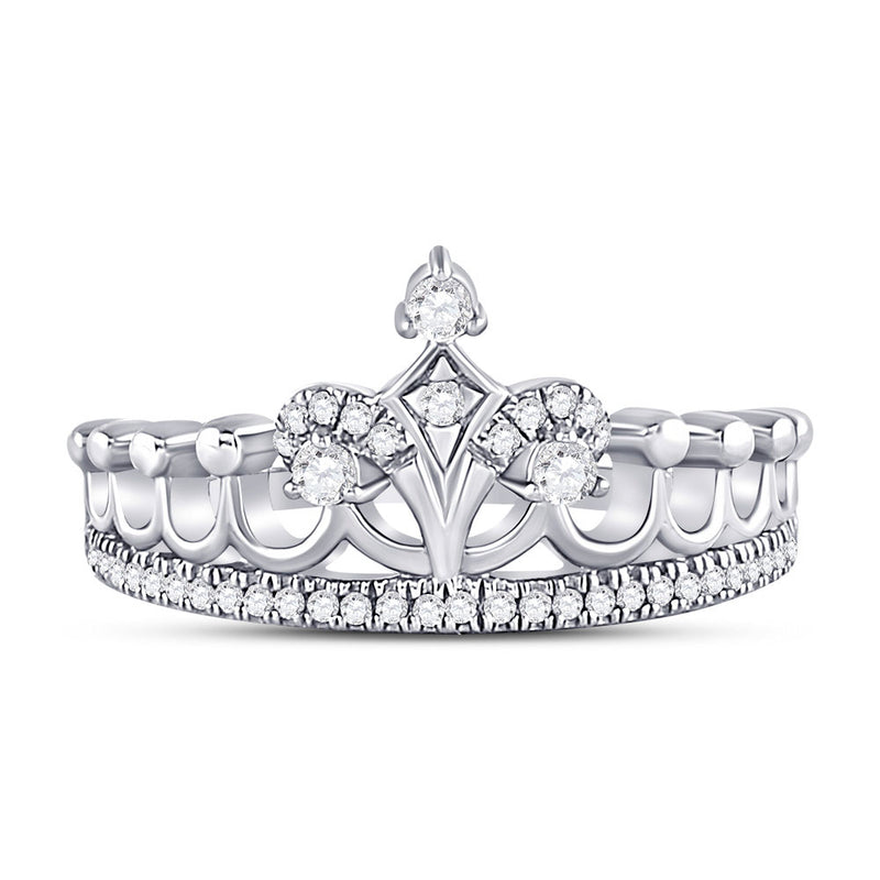 10kt White Gold Womens Round Diamond Crown Tiara Fashion Ring 1/5 Cttw
