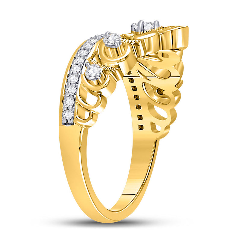 10kt Yellow Gold Womens Round Diamond Fleur-de-lis Crown Ring 1/3 Cttw