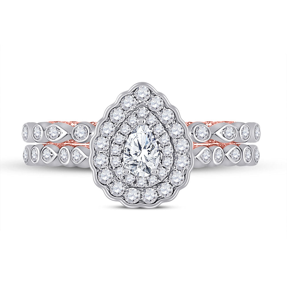 14kt Two-tone Gold Pear Diamond Bridal Wedding Ring Band Set 1 Cttw