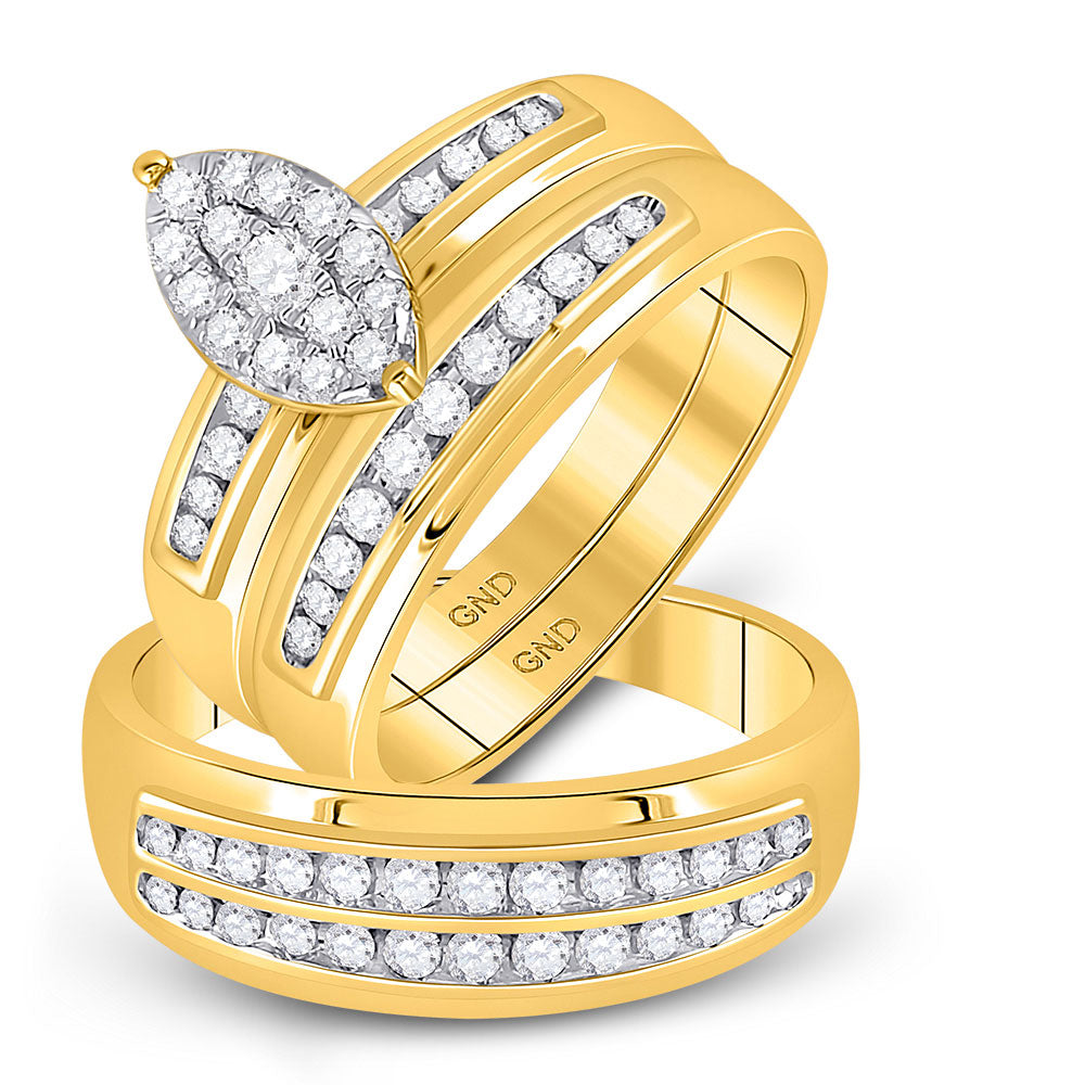 10kt Yellow Gold His Hers Round Diamond Cluster Matching Wedding Set 3/4 Cttw