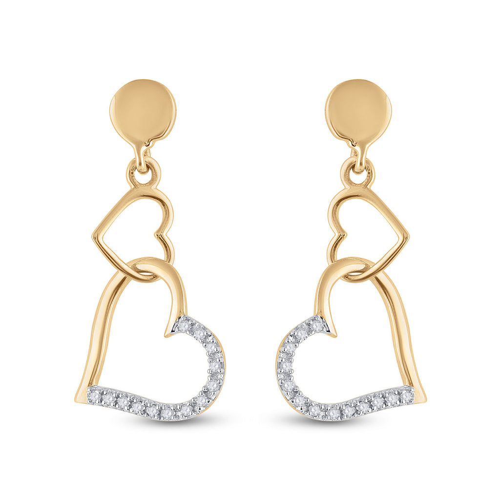 14kt Yellow Gold Womens Round Diamond Heart Dangle Earrings 1/10 Cttw