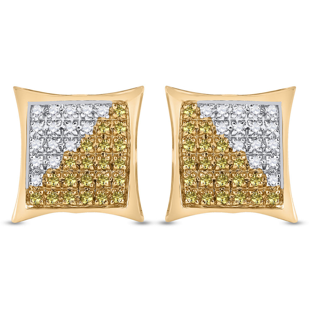 10kt Yellow Gold Mens Round Yellow Color Enhanced Diamond Square Cluster Earrings 1/4 Cttw