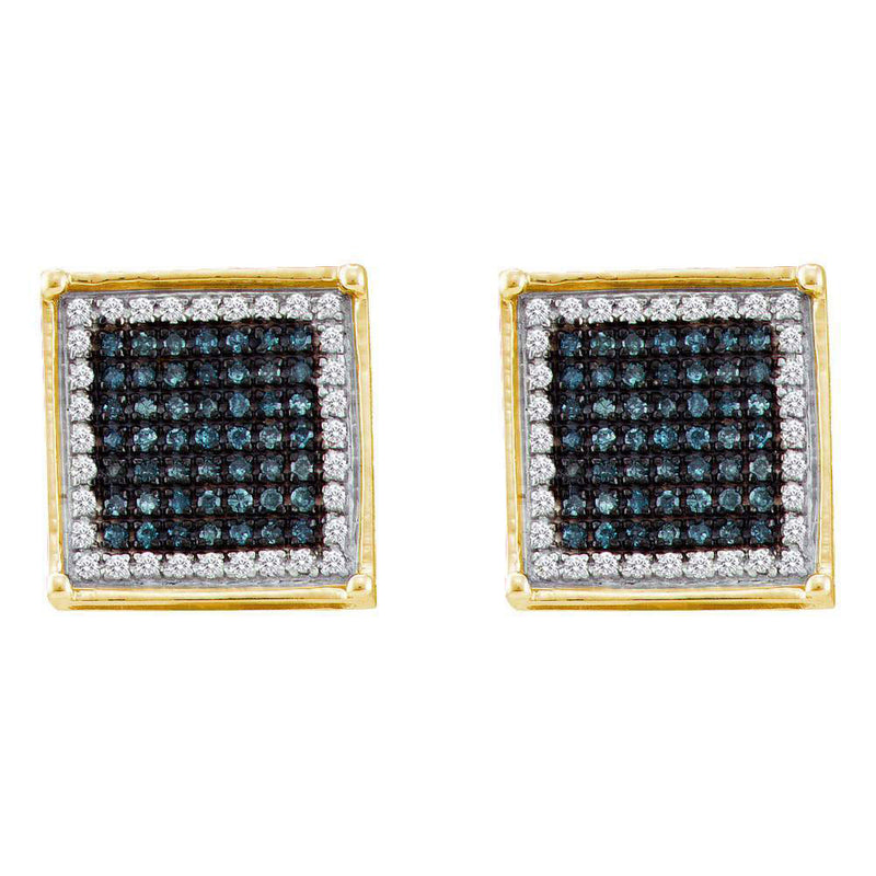 10kt Yellow Gold Mens Round Blue Color Enhanced Diamond Square Cluster Earrings 1/3 Cttw