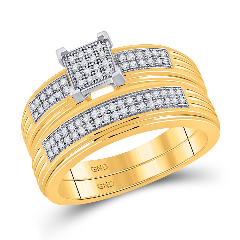 10kt Yellow Gold His Hers Diamond Square Cluster Matching Wedding Set 3/8 Cttw