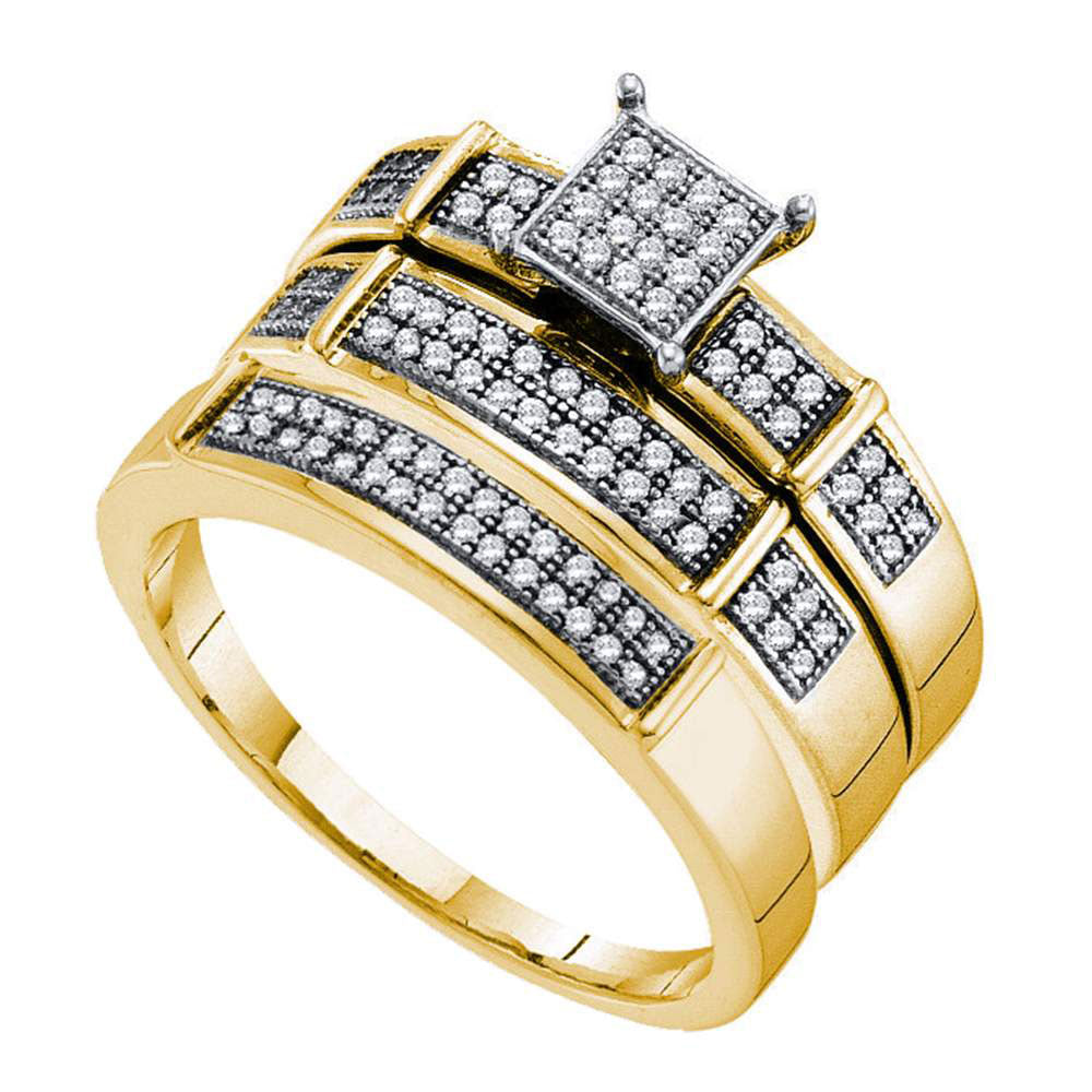 10kt Yellow Gold His Hers Round Diamond Cluster Matching Wedding Set 1/3 Cttw