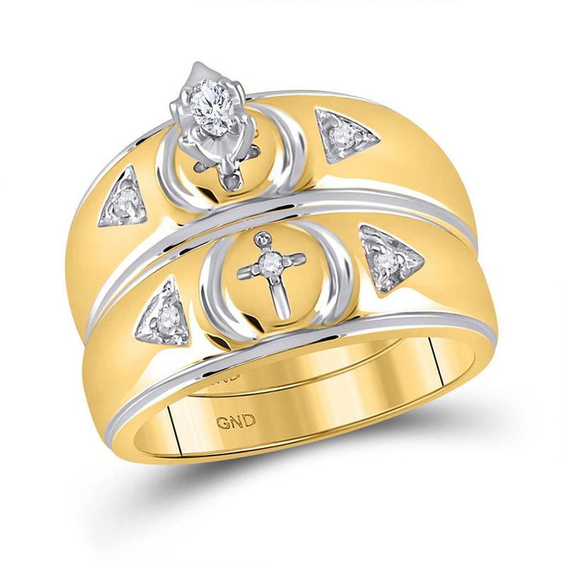10kt Yellow Gold His Hers Marquise Diamond Cross Matching Wedding Set 1/6 Cttw