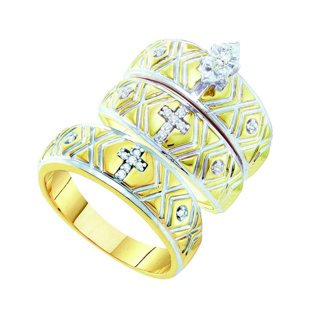 10kt Yellow Gold His Hers Marquise Diamond Crosses Matching Wedding Set 1/8 Cttw