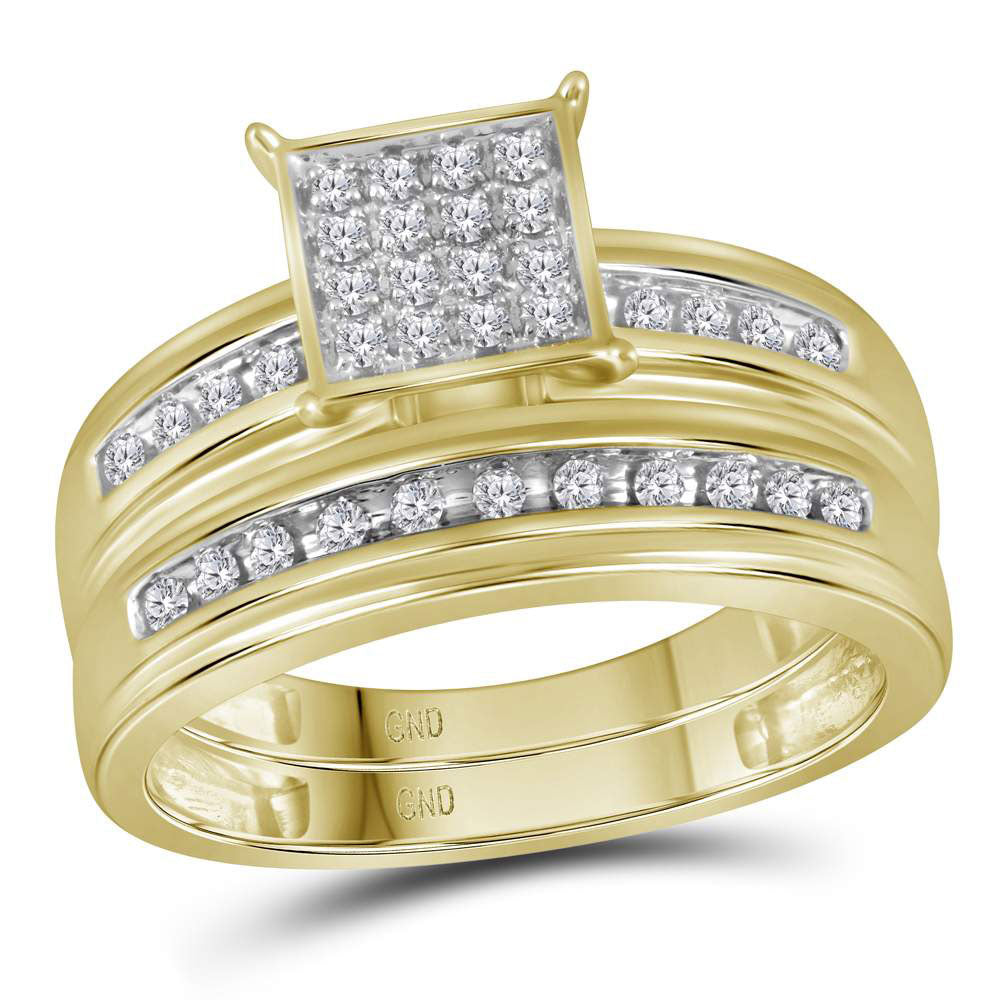 10kt Yellow Gold His Hers Round Diamond Square Matching Wedding Set 1/2 Cttw