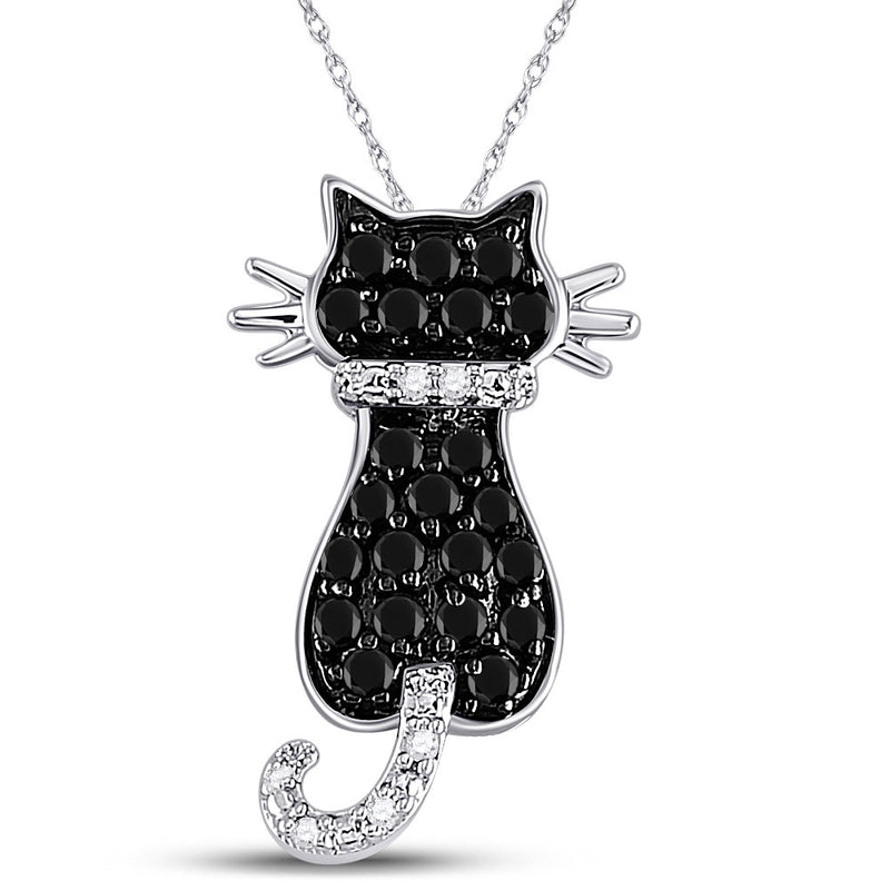 10kt White Gold Womens Round Black Color Enhanced Diamond Kitty Cat Pendant 1/3 Cttw