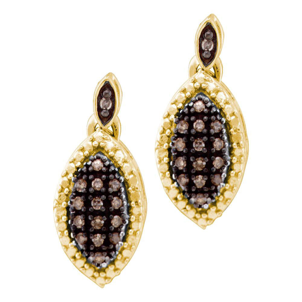 10kt Yellow Gold Womens Round Brown Diamond Dangle Earrings 1/3 Cttw