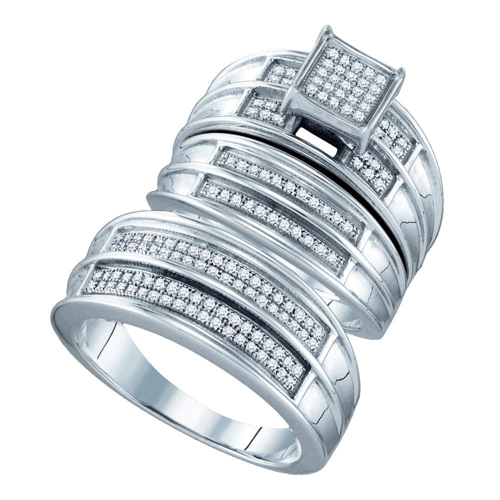 Sterling Silver His Hers Round Diamond Cluster Matching Wedding Set 3/8 Cttw