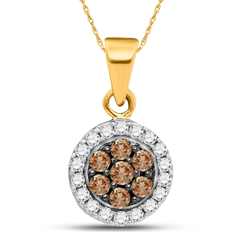 10kt Yellow Gold Womens Round Brown Diamond Framed Flower Cluster Pendant 3/8 Cttw
