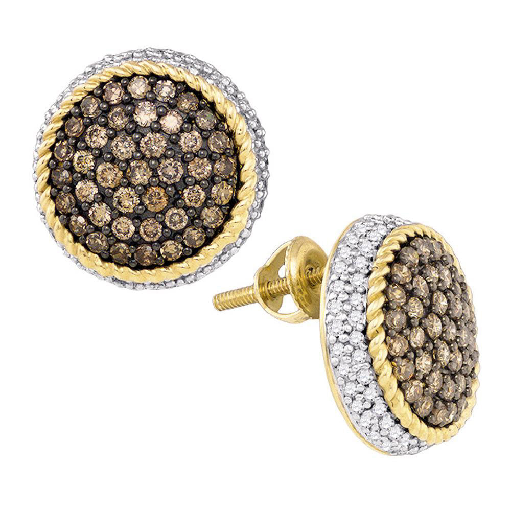 10kt Yellow Gold Womens Round Brown Diamond Roped Cluster Earrings 1-1/3 Cttw