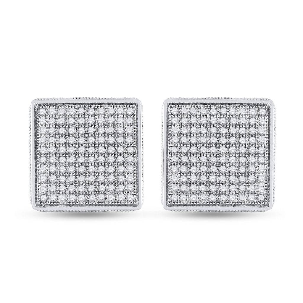 Sterling Silver Mens Round Diamond 3D Square Earrings 1/2 Cttw