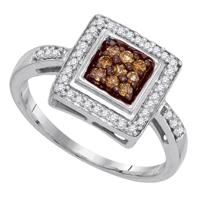 10kt White Gold Womens Round Brown Diamond Square Frame Cluster Ring 1/4 Cttw