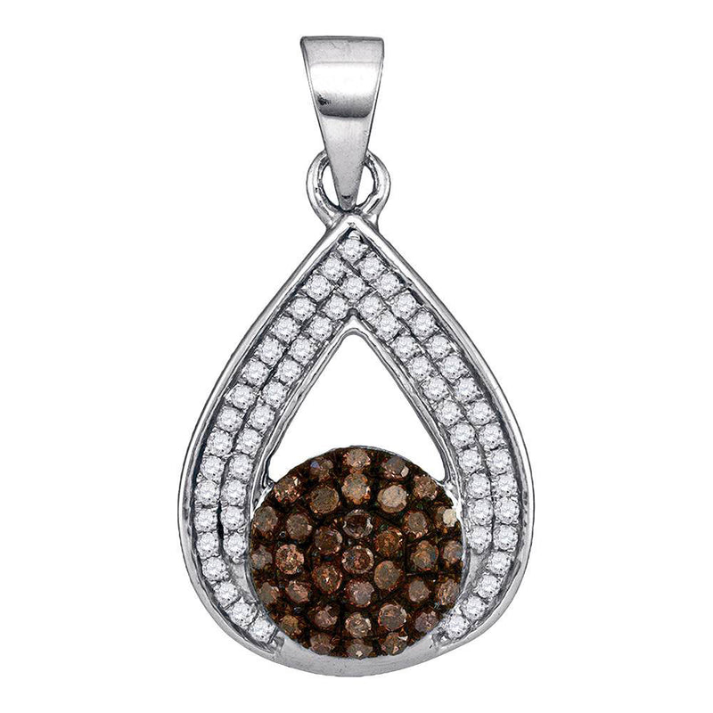 10kt White Gold Womens Round Brown Diamond Teardrop Cluster Pendant 1/3 Cttw