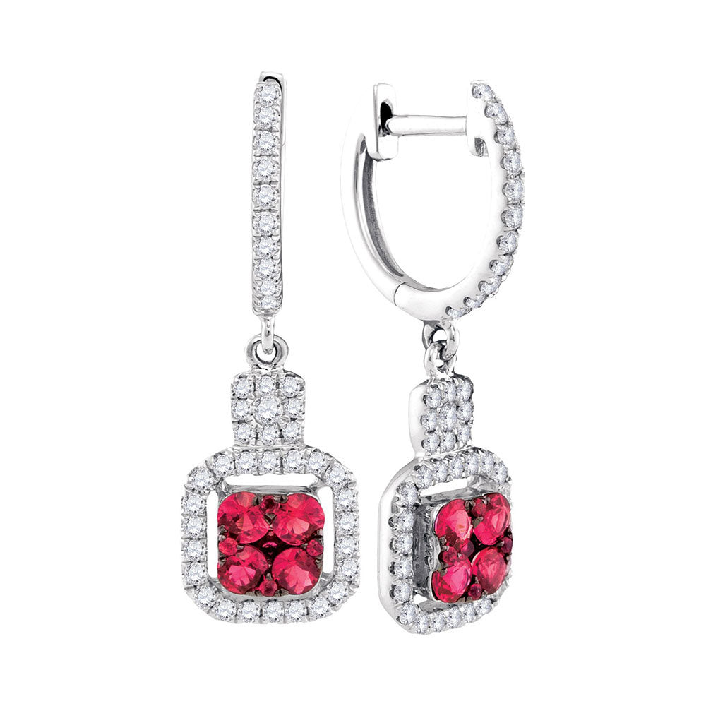 14kt White Gold Womens Round Ruby Diamond Square Dangle Earrings 1 Cttw