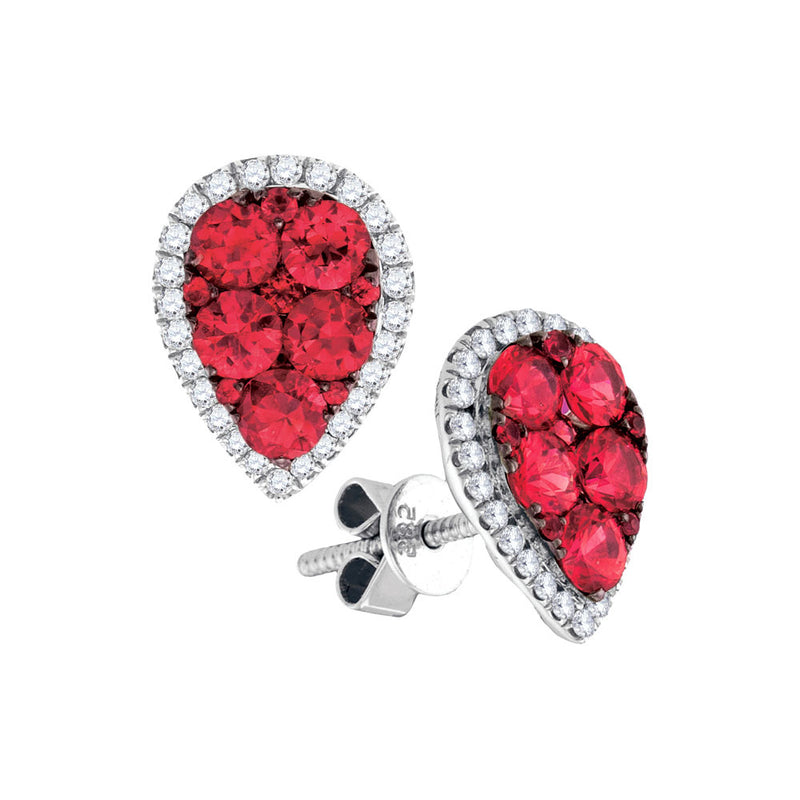14kt White Gold Womens Round Ruby Diamond Teardrop Earrings 1-7/8 Cttw